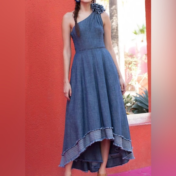Trina Turk One Shoulder Denim Blue Dress, Size 6 - Picture 5 of 10